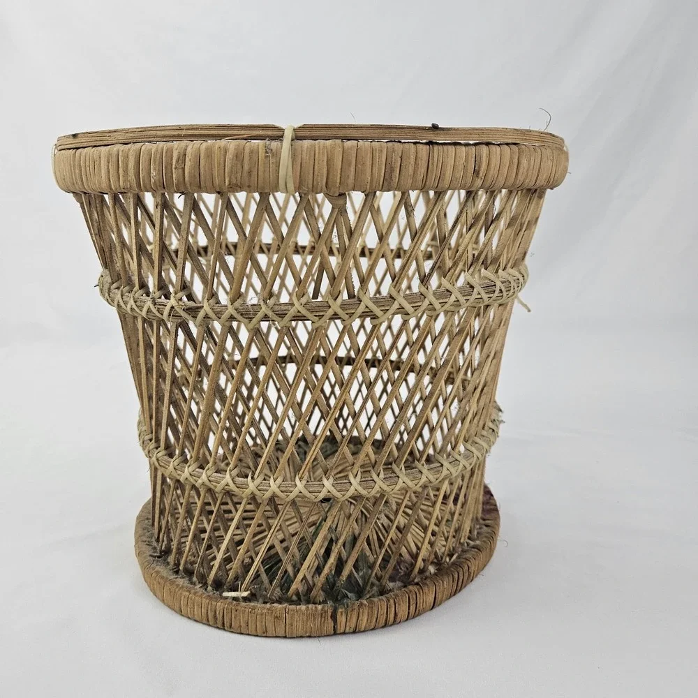 Vintage Boho Wicker Rattan Drum Planter Trash Can Mini Table Mid-Century Modern